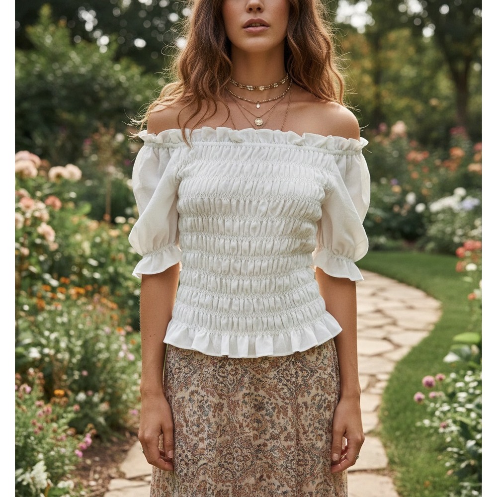 H&M Top L Smocked Ruffle White Off Shoulder Boho Coquette Fairy Twee Coastal